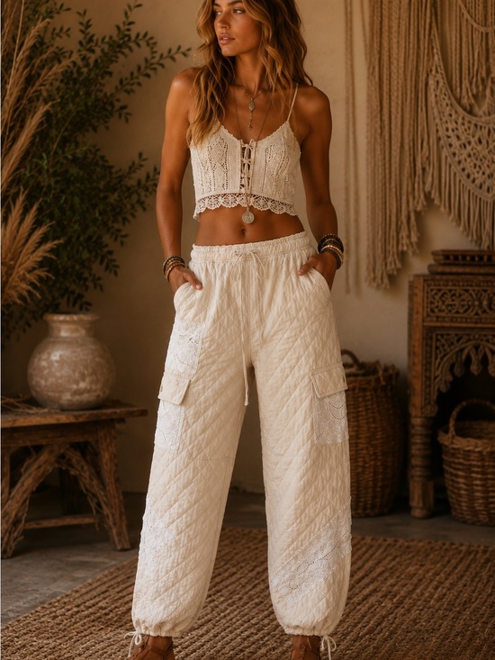 POL Pants - NWT POL Cream Quilted Lace-Trim Cargo Joggers ✨